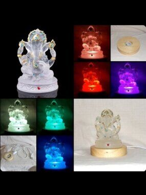 Ganesha Crystal Statue with Color‑Changing LED Wood Stand – Spiritual Home Decor